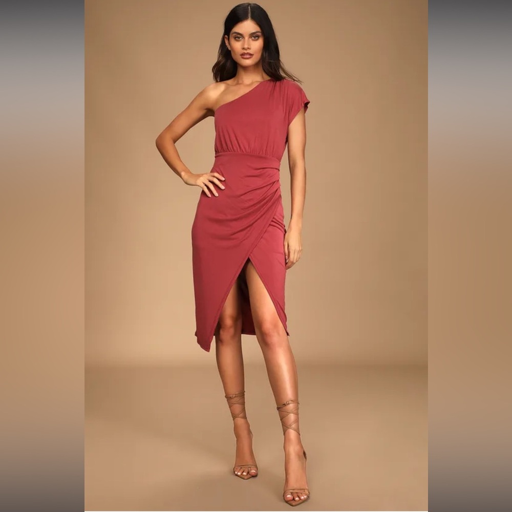 Lulus Raise a Glass Rusty Rose One-Shoulder Midi Dress